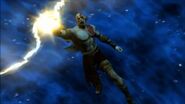 Kratos (God of War) wielding Zeus' lightning bolt.
