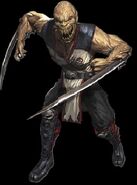 Baraka (Mortal Kombat) uses the blades in his arms to kill his opponent.