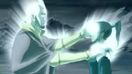 Avatar Aang (Avatar: The Legend of Korra) transfers the knowledge of energybending and the command of the Avatar State to Korra.
