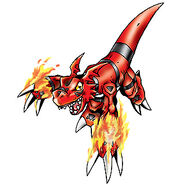 Guilmon (Digimon) infusing his claws with fire.