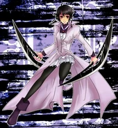 Jita Phrygianos (The Qwaser of Stigmata) can create bladed weapons from carbon; either form it as a pair of crescent-like scythe or fiber thread.