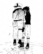 Sasuke Uchiha (Naruto) using Chidori to sharpen his hand and pierce through Naruto's shoulder.