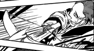 Bazz-B (Bleach) using his spiritual crossbow to fire a Heilig Pfeil, which possesses tremendous speed and force capable of tearing Kira's torso clean off.