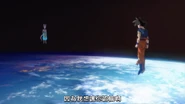 Beerus (Dragon Ball Super) facing Goku in orbit above Earth.