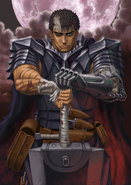 After surviving the Eclipse, Guts (Berserk) replaced his lost left arm with a powerful mechanical device known as the Cannon Arm.