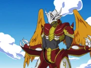 BurningGreymon (Digimon Frontier) fires solar heat-wave energy bullets from his Rudori Tarpana.