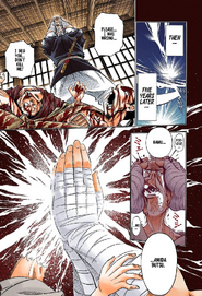 Anji Yūkyūzan (Rurouni Kenshin) applying the Futae no Kiwami onto the village chief's head, shattering it and sending brains splattering all over the place.