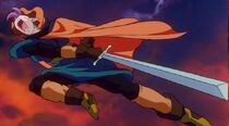 The Konatsian Wizard (Dragon Ball Z: Wrath of the Dragon) wielded the enchanted Brave Sword and used it to slice the Phantom Majin Hirudegarn in half.