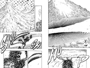 Monkey King Bambina (Toriko) using his tail to cleanly cut a mountain from its base.