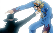 Rob Lucci (One Piece) using Shigan to pierce through Paulie's chest with bullet-like force focused at the fingers.