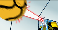 Ultimate Aggregor (Ben 10) firing atomic optic beams at Cannonbolt.