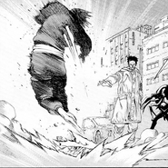 James Huang (Project ARMS) displacing space to create a concussive shock-wave, enough to injure the mighty Kou Karunagi.