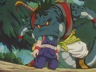 Susha (Dragon Ball GT: A Hero's Legacy) attempts to swallow Goku Jr. whole.