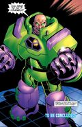 Lex Luthor's (DC Comics) Warsuit possesses physical capabilities to put him on par with Superman, as well as a variety of Kryptonite based weaponry.