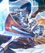 Omnimon Merciful Mode (Digimon) wielding the Fearsome Blade and the Graceful Cannon.