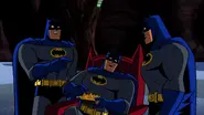 Batman (Batman: The Brave and the Bold) was caught in a nuclear reaction and split into three personas ranging from left to right: Physical, Slacker, and Science.