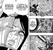 Konan (Naruto) surrounding Obito Uchiha with six hundred billion explosive tags.