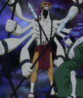 As a giant squid, Ikaros (One Piece) can hold a total of eight Dried Squid Spears, plus one hidden spear under his helmet.