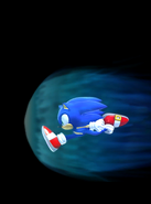 Using the Sonic Boost, Sonic the Hedgehog (Sonic the Hedgehog) enhances his speed to the extent that he breaks the sound barrier and creates a distortion in space.