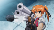 Teana Lanster (Magical Girl Lyrical Nanoha) wielding Anchor Gun, a magical Device in the shape of a firearm.