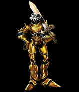 After traveling back in time to save Kiya from Jack the Ripper, Sir Daniel Fortesque (MediEvil) merged with his past self, gaining a protective suit of golden armor.