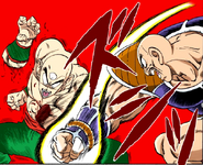 Nappa (Dragon Ball) uses his Arm Break attack to cut off Tien's left hand.