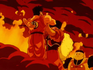 Android 20 (Dragon Ball Z) stabs Yamcha through the chest with his hand.