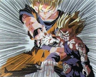 Son Goku (Dragon Ball Z) helps his son Gohan with the Kamehameha.