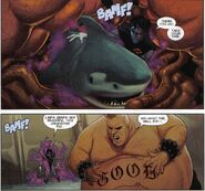 Nightcrawler (Marvel Comics) teleports a shark into the Blob, having it eat him from the inside out.