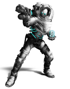 Victor Fries/Mister Freeze (Batman: Arkham) wears the Freeze Suit.