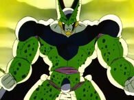 Cell (Dragon Ball) bulks up his muscles.