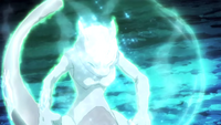 Mewtwo (Pokémon Origin) using "Recover" to coat itself with psychic energy, rejuvenating cells.