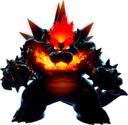 After being covered in black paint from his own son, Bowser enters a form called "Fury Bowser" (Bowser's Fury) in which he is possessed by uncontrollable rage, to the point where Bowser Jr. asks Mario of all people to help calm him down and return him too normal.