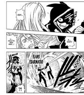 Santa Sasaki (UQ Holder) phases through a point-blank energy blast while physically holding his target.