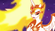 As a sub-power to having abilities related to fire, Daybreaker (My Little Pony: Friendship is Magic) can breathe from her mouth to incinerate her enemies.