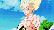 Son Gohan (Dragon Ball Z) using his ki and Super Saiyan powers to the point where bullets have no effect on him.