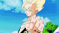 Son Gohan (Dragon Ball series) using his ki and Super Saiyan powers to the point where bullets have no effect on him.