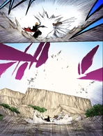 Ichigo Kuroskai (Bleach) obliterates a mountain with a swing of his sword.