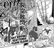 Flashy Flash (One Punch Man) using Sky Ripping Scattered Flash Slash to summon powerful swirling winds from his sword.