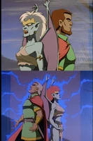 Demona and Macbeth (Gargoyles) were life linked by the Weird Sisters; in addition to being immortal, they share each other's pain while in close proximity, and can only die by the other's hand.