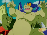 Tambourine (Dragon Ball) using the Sidearm Flamer attack to fatally impale Giran with his bare hand.