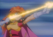 Lina Inverse (Slayers) uses his Flare Arrow spell.