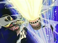 Black Magician Girl (Yu-Gi-Oh!) using Magic Cylinder to reflect Osiris' attack back at it.