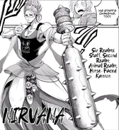 Buddha (Shuumatsu no Valkyrie) channeling the Animal Realm into his Six Realm Staff, an oversized prayer wheel staff, turning it into a spiked club.