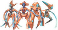 Deoxys (Pokémon) can manipulate its own stats by entering different forms, specializing in high attack (far left), no particular stat (second from the left), high defense (second from the right), or high speed (far right), while causing other stats to become weaker.