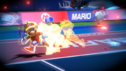 Using Zone Speed, Mario (Mario Tennis Aces) moves so fast that time appears to slow down, allowing him to reach any balls hit to the other side of the court he cannot reach normal speed.