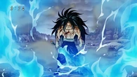 Starjun (Toriko) wielding his flaming sword Burner Knife, which creates massive waves of flames that can cut deep and long with a single swing.
