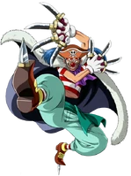 Buggy (One Piece) wielding eight daggers between his fingers, and two more within his shoes.