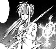 Tokiya Mikagami (Flame of Recca) wielding Ensui, a sword that gathers water molecules and can control it in any of its three phases, making it a very versatile weapon.