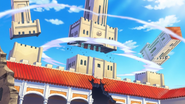 Donquixote Doflamingo (One Piece) kicking so hard that he caused a 360* shock wave slicing through his palace's towers.